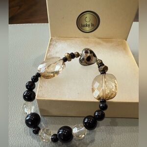 LuckyLu Upcycled Beaded Stackable Bracelet Stretch Heart Sparkle Black Tan